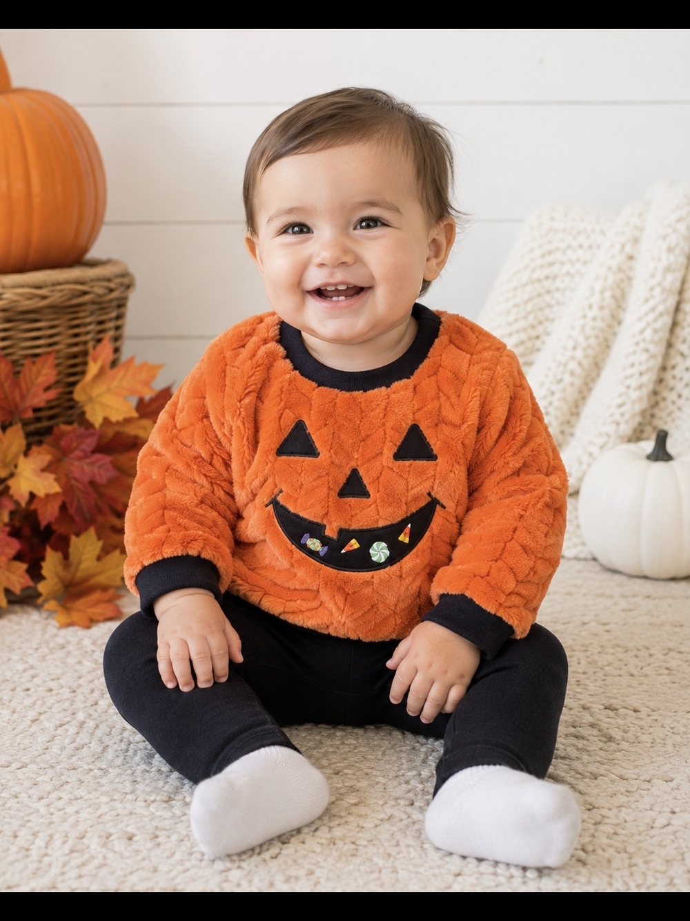 Baby Starter 12M Plush Pumpkin Halloween Sweatshirt Orange Jack O' Lantern